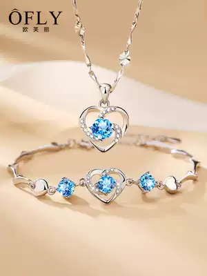 Necklace Female 999 sterling silver clavicle chain Bracelet jewelry three-piece set Crystal pendant Birthday gift for girlfriend