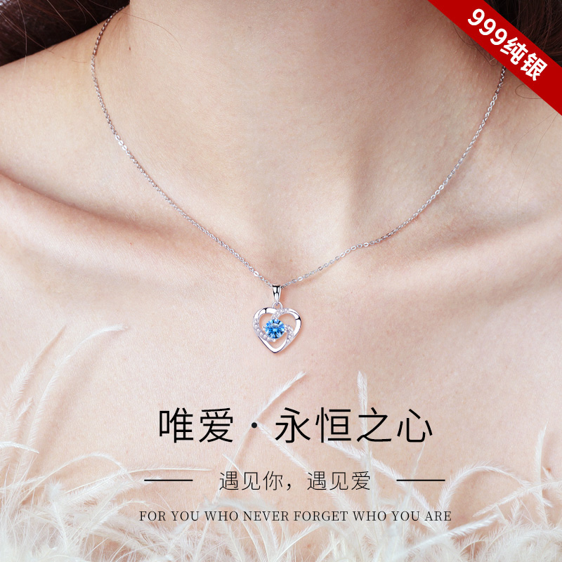 999 pure silver necklace female heart-shaped lock bone chain pendant light extravagant and small crowddesign birthday present send girlfriend wife-Taobao