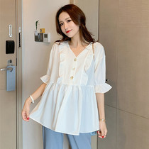 Pregnant women chiffon shirt top summer doll shirt pennant shirt loose short sleeve long professional white shirt set