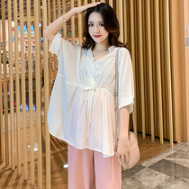 Pregnant women chiffon shirt pregnant woman summer loose short sleeve doll shirt late pregnancy summer dress puffy white shirt
