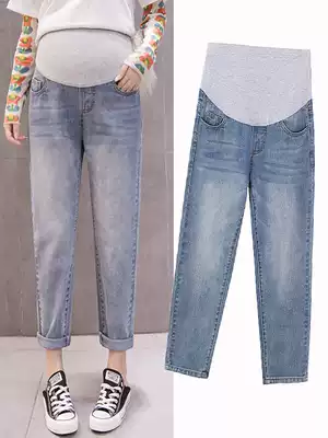 Pregnant women Jeans Spring and Autumn wear fashionable straight tube nine-point short casual loose loose bottom belly belching Haren pants