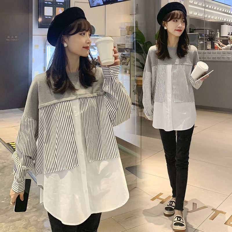 Pregnant woman Autumn Fashion style out for small fresh round collar pregnant woman blouses blouse blouse autumn winter 2021 new long sleeve shirt