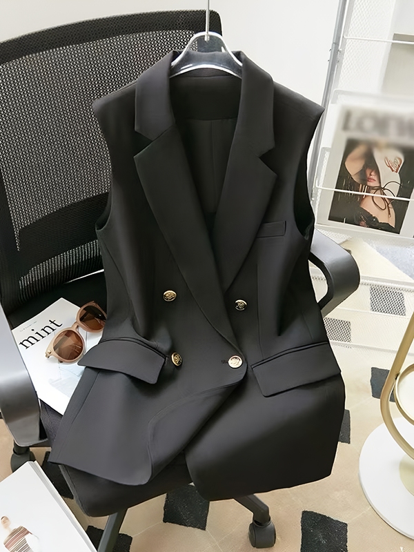 Double-Breasted Vest Blazer for Women with Metal Buttons, Mid-Length Sleeveless Jacket, New Casual Black Fully Lined Style Double-Breasted Vest Blazer for Women with Metal Buttons, Mid-Length Sleeveless Jacket, New Casual Black Fully Lined Style