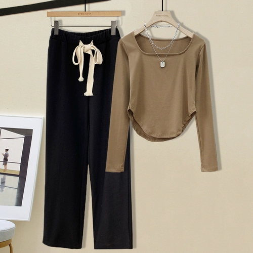 Осенний комплект, приталенный лонгслив, спортивные штаны для отдыха, популярно в интернете