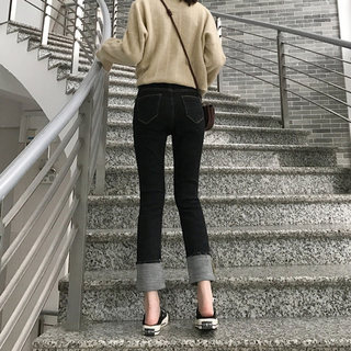 Straight-Leg Jeans for Women, Cuffed Cropped Pants, 2022 Spring and Autumn New Style, Fleece-Lined, Slimming, High-Waisted, Cigarette Pants for Petite Figures