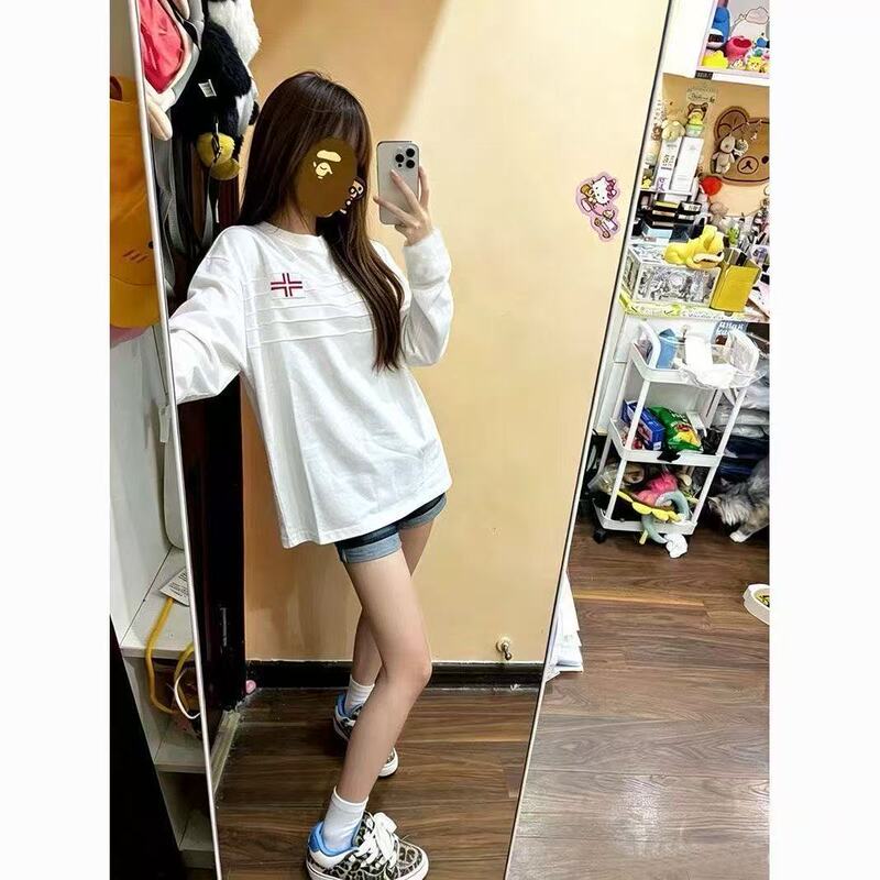 2026 New Popular American-Style Embroidered Long-Sleeve T-Shirt for Girls, Suitable for Spring and Autumn, Casual and Versatile Loose Top for Middle School Students