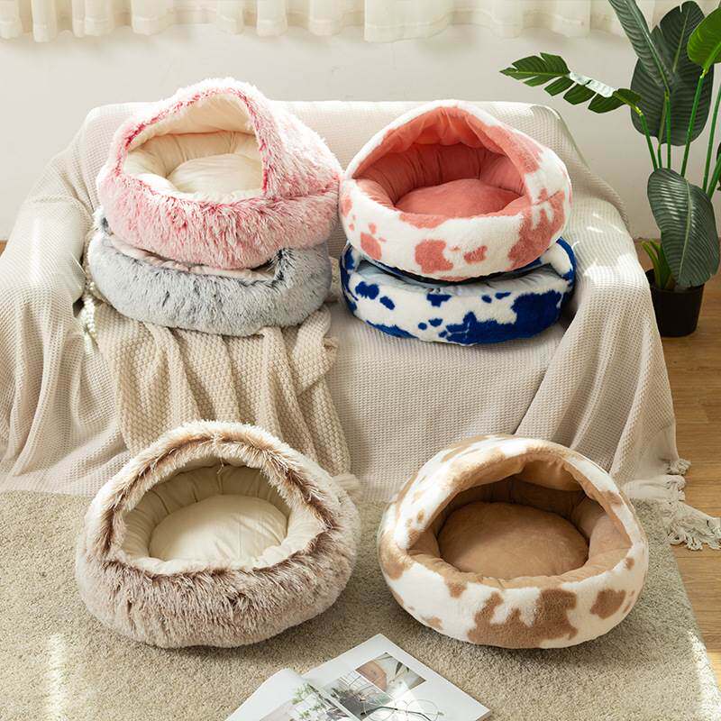 Cat Nest Depth Sleep Semi-enclosed cat Mitten Dual-use Pet Mat Long Plush Round Pet Nest-Taobao