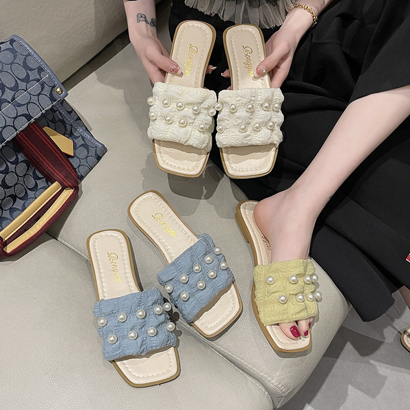 Wearing toe slippers in 2022 new Han edition in the wind flat floor of a word towel slippers