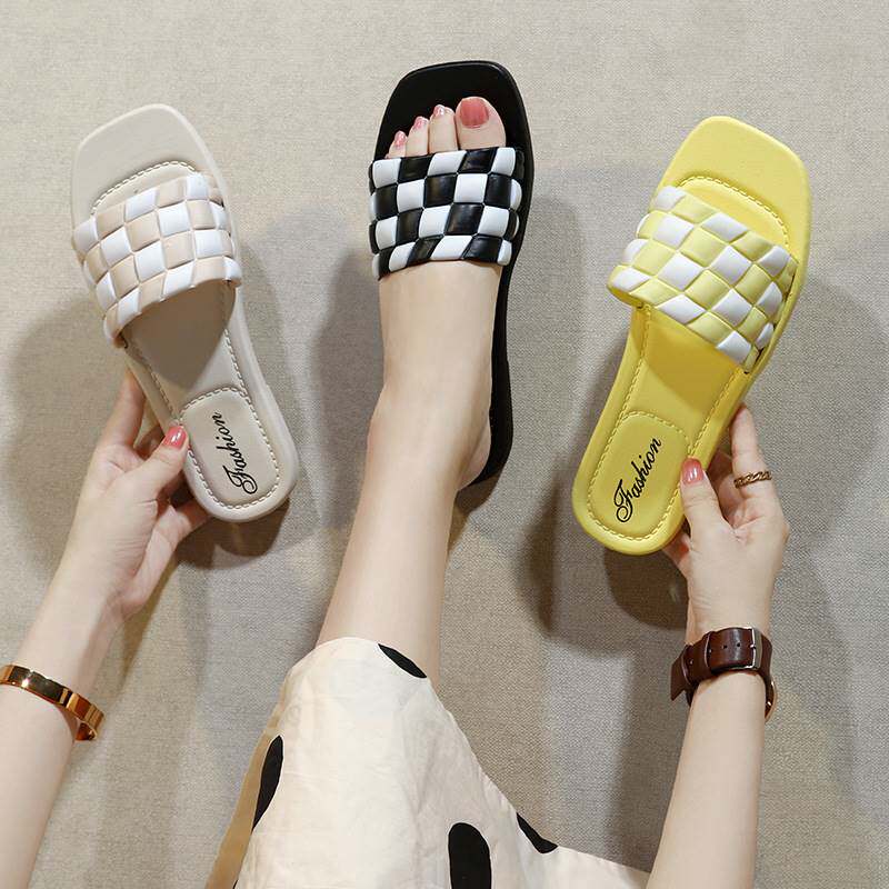 New plaid slippers women Summer outwear Girl Han version Fashion 100 hitch indoor soft bottom lined with beach sandals 