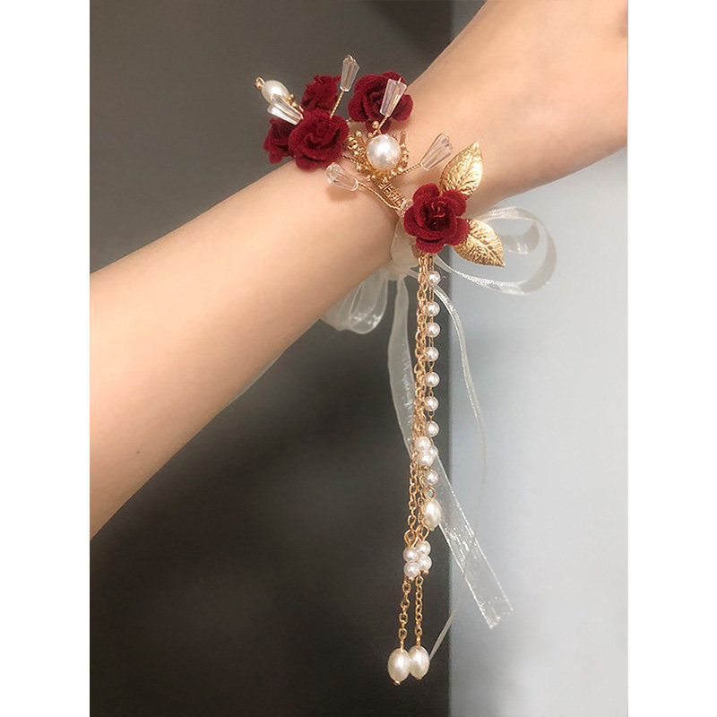 Red Wrist Flower Flow Su Meritocracy Luxury Velvet Rose Wine Red Chinese Wedding Festive Bridal Bridesmaid Handflower-Taobao