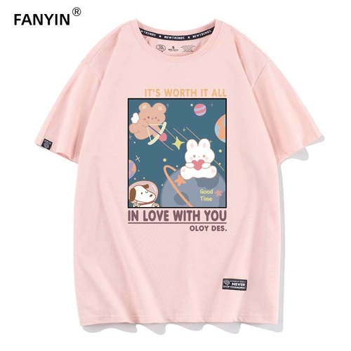 Милая розовая летняя японская футболка для школьников, свободный крой, в западном стиле, по фигуре, высокий воротник