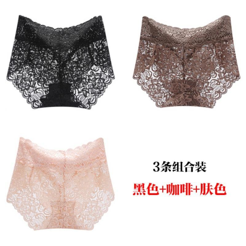 3 pieces of mid-waist lace inner female feeling seamless large size hip-lifting tummy control pure cotton crotch high-waist women's panties briefs