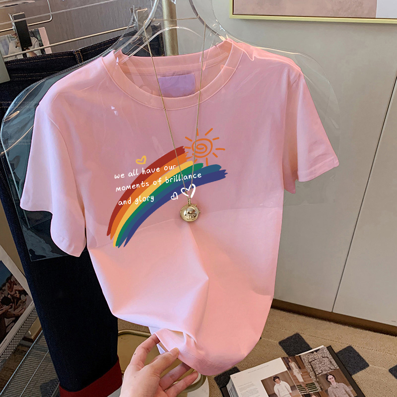 Pink Pure Cotton Loose Fit Regular Shoulder Rainbow Short-Sleeve T-Shirt for Women, 2026 Summer New European Design Top