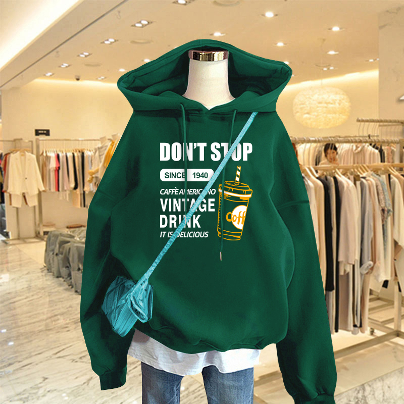 Dark Green Hooded Long Sweatshirt for Women, Spring and Autumn Thin Style, 2026 New European Style, Loose Fit, Fleece-Lined and Thickened Jacket Top