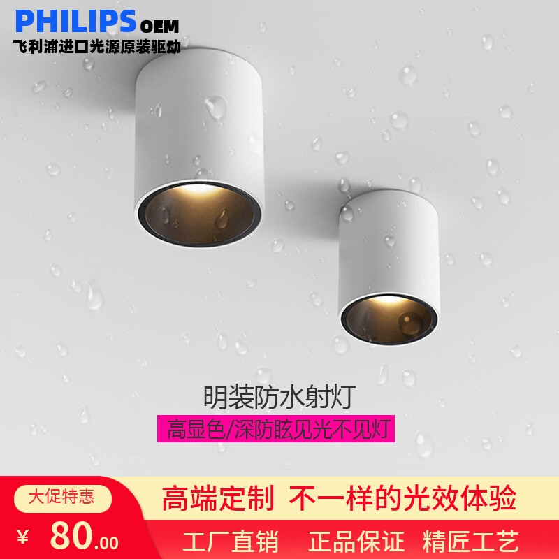 Philips surface mounted waterproof spotlight high color rendering kitchen powder room drill-free downlight shop door waterproof spotlight