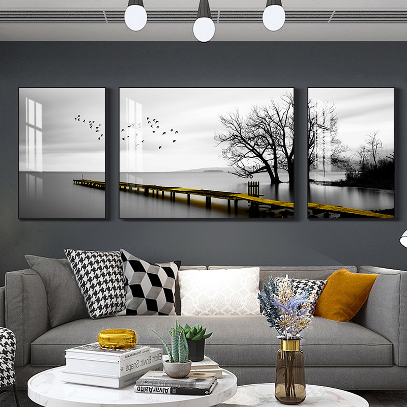 Supports custom living room decoration painting modern minimal atmosphere free punched Chinese sofa background wall hanging painting triplexed