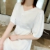 Fei Rong thắt lưng cổ chữ V rắn màu retro váy lưng cao nữ mùa hè 20 bãi biển voan mới siêu cổ tích váy dài giữa - Váy eo cao Váy eo cao