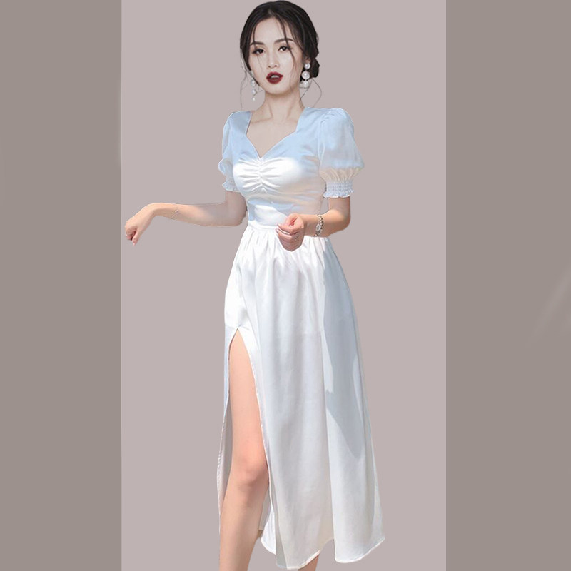 Temperament sexy hem slit chiffon dress women's 2022 summer new style waist and thin white skirt