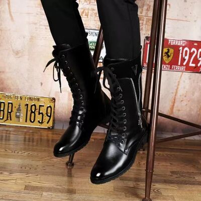Pointed-toe high-top Dr. Martens boots, men's leather boots, genuine leather inner height-increasing men's high boots, winter fleece warm long boots, trendy