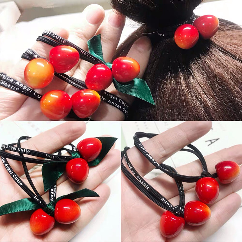 New Cute Cherry Hair Rope Sweet Horse Tail Leather Fascia Durable Double Girl Hair Ring Mesh Red 100 Hitch Rope Hairdressage-Taobao