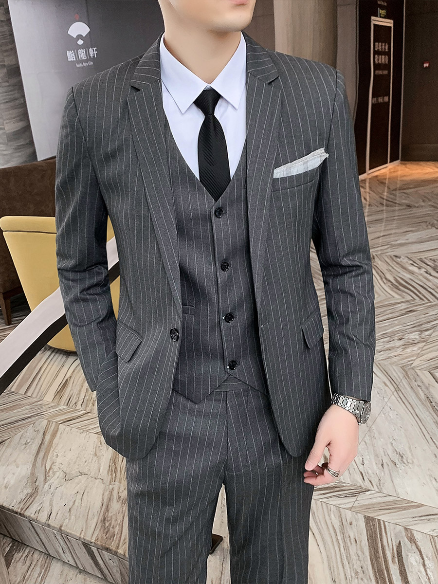 Men's suit slim Korean version striped groom wedding dress Casual business suit Formal three-piece suit tide