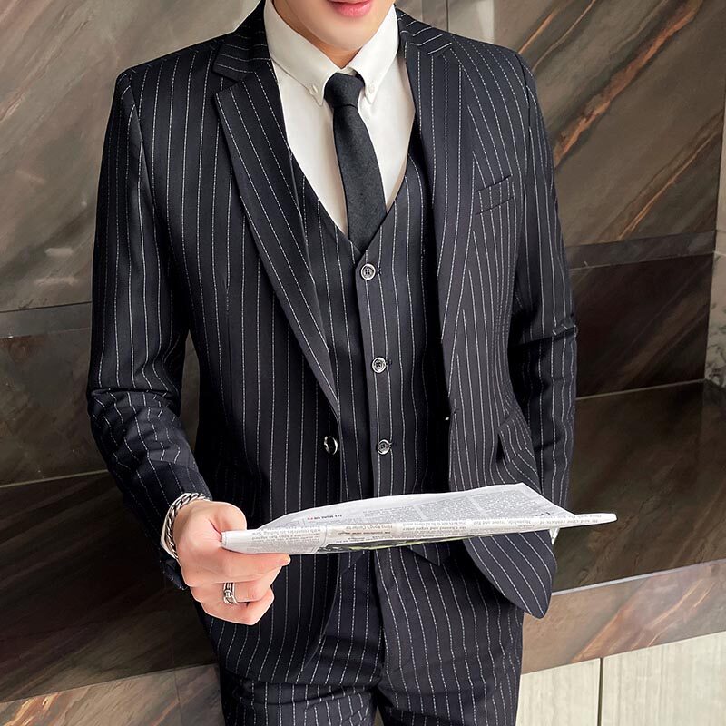Suit male suit Korean version slim groom groomsman unity wedding dress trend leisure stripe professional suit suit