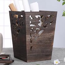 Retro creative trash can for home living room bedroom kitchen solid wood garbage basket lidless dry flower bucket hotel paper basket