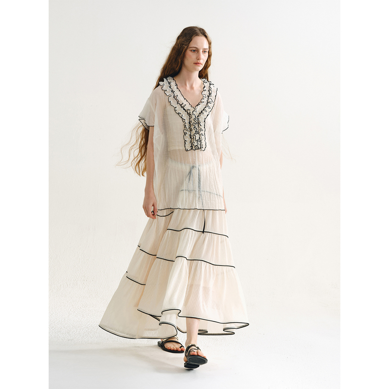 Maneatelier Designer Brand Pleated Ruffled Short-Sleeved Top Layered with Patchwork Skirt Two-Piece Set