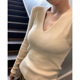 Spring and autumn v-neck slim long-sleeved bottoming sweater top for autumn and winter with high-end milk tea sweater for women