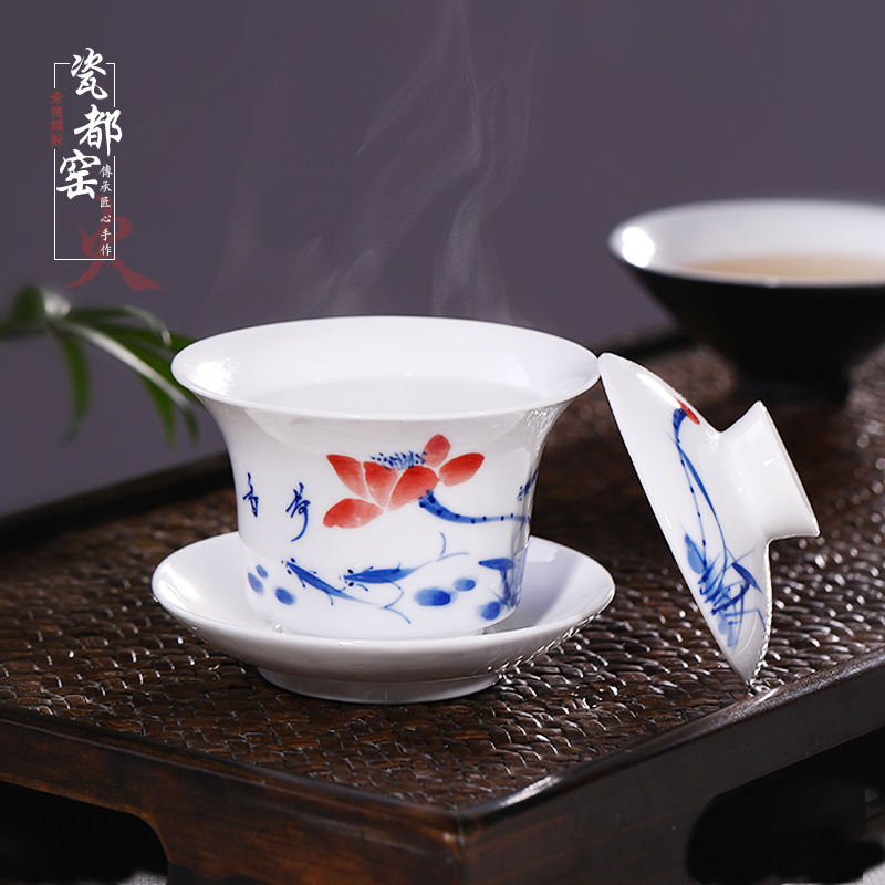 Jingdezhen up the fire which hand - made tureen trumpet three cups to bowl of blue and white porcelain kung fu tea bowl