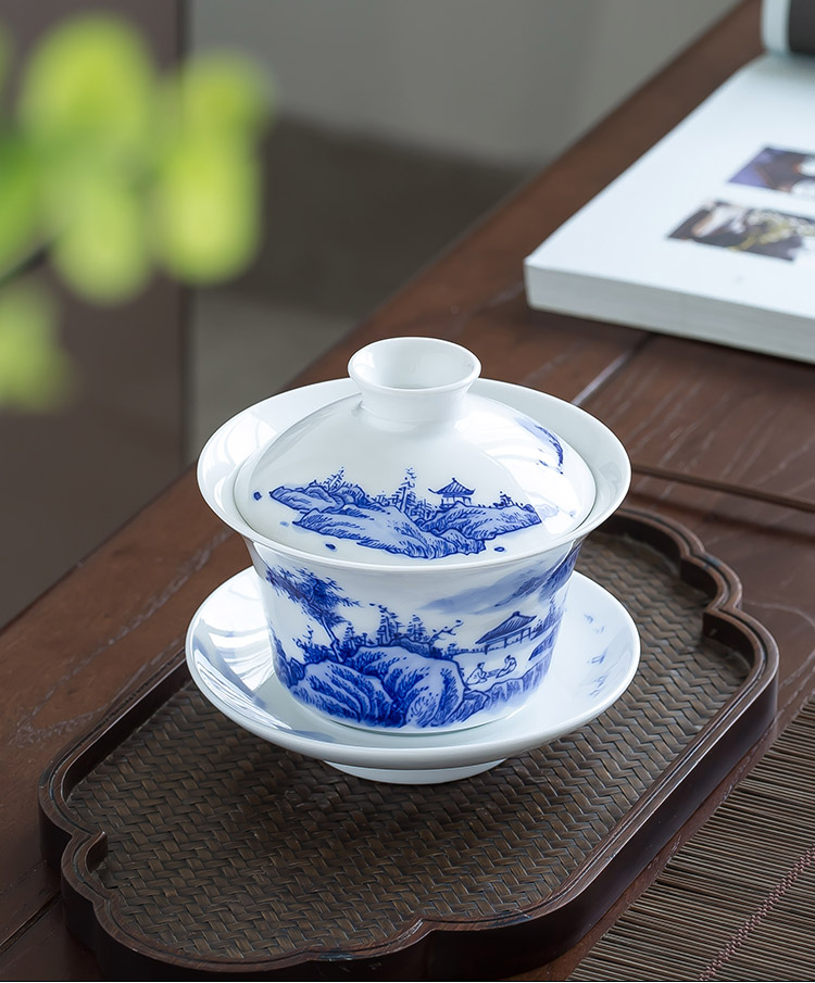 Jingdezhen up the fire which is hand draw landscape ceramic tureen tea cups kung fu three bowl of household individual