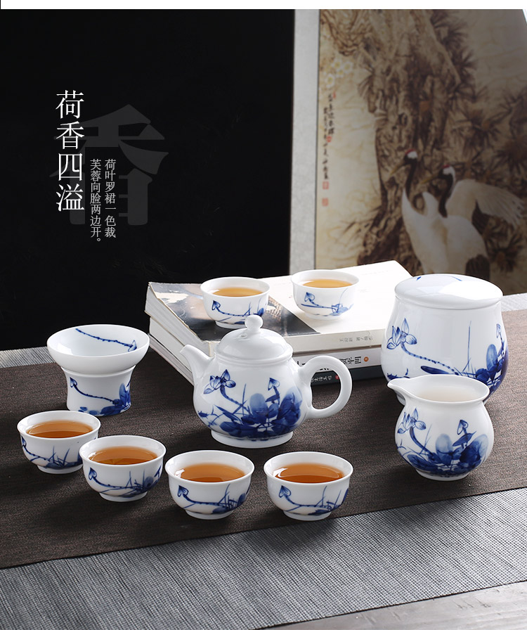 Jingdezhen blue and white porcelain tea set suit household tureen tea cup contracted kung fu tea set office of a complete set of living room