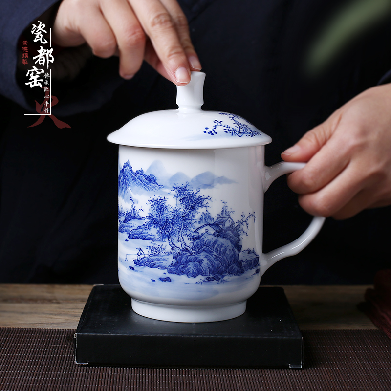 Jingdezhen Qingdezhen Blue Porcelain Belt Cover Office Built Tea Cup Personally Painting Mountain and Water Custom Household Ceramic
