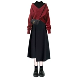 Пуховик, платье, атмосферный комплект, красный свитер, юбка, изысканный стиль, 3 предмета