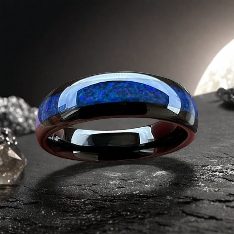 Cross-border popular stainless steel ring blue patch texture pattern black background simple European and American best-selling ring