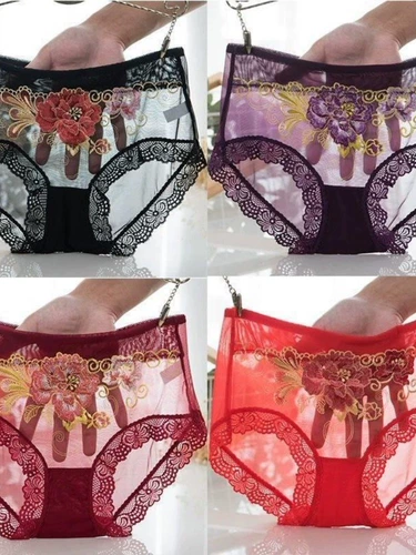 Сексуальные трусы, кружевные штаны, вышивка, 3 шт., с вышивкой, средняя посадка, большой размер