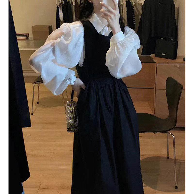 Spring 2023 new temperament name Yuanyuan shirt Two suits female French style small fragrant wind black braces dress-Taobao