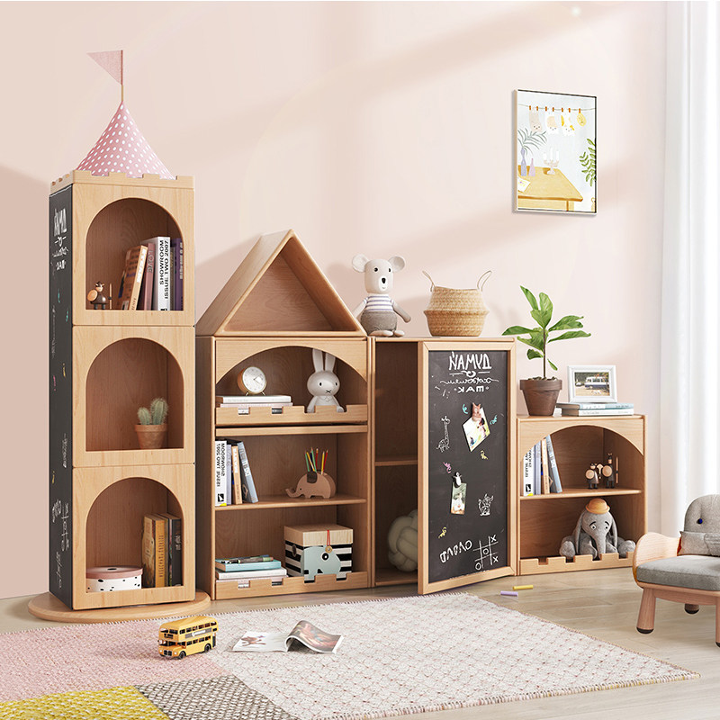 Castle Bookcase Solid Wood Children Room Toys Freelance Combo Plaid Containing Cabinet Floor Bookcase Stairs Lower Holding Cabinet
