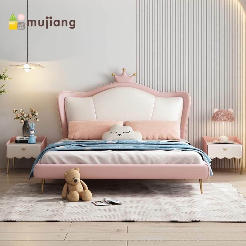 Crown pink princess bed Light luxury leather bed Modern children's bed Girl dream Castle girl master bedroom net red bed