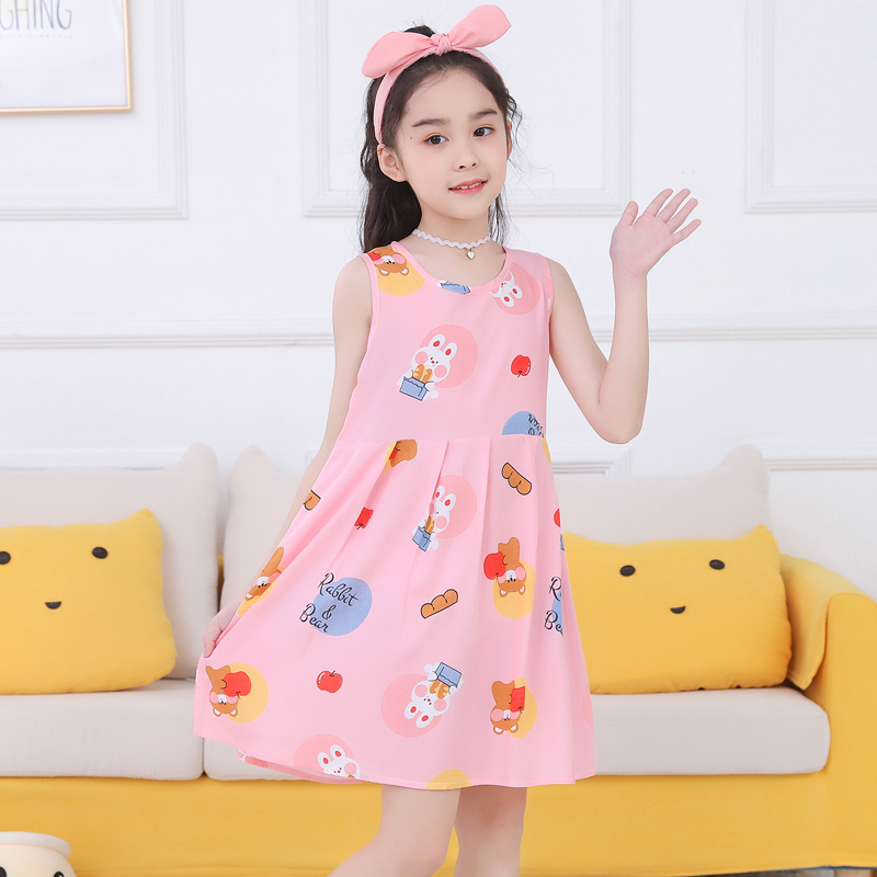 Girls nightgown cotton silk sleeveless vest skirt princess thin summer new children's pajamas little girl home clothes