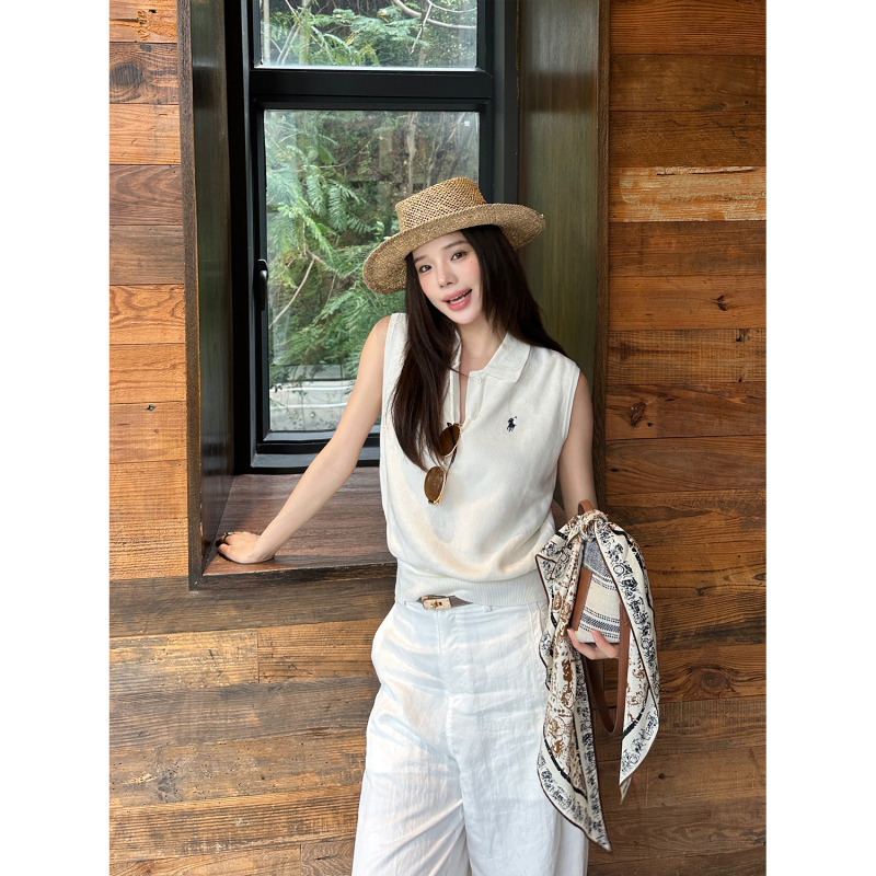 【Ice Sea】Old Money Sleeveless Polo Knit Top for Women, Embroidered, Simple, Sporty, Tennis, Pure Cotton Summer Vest