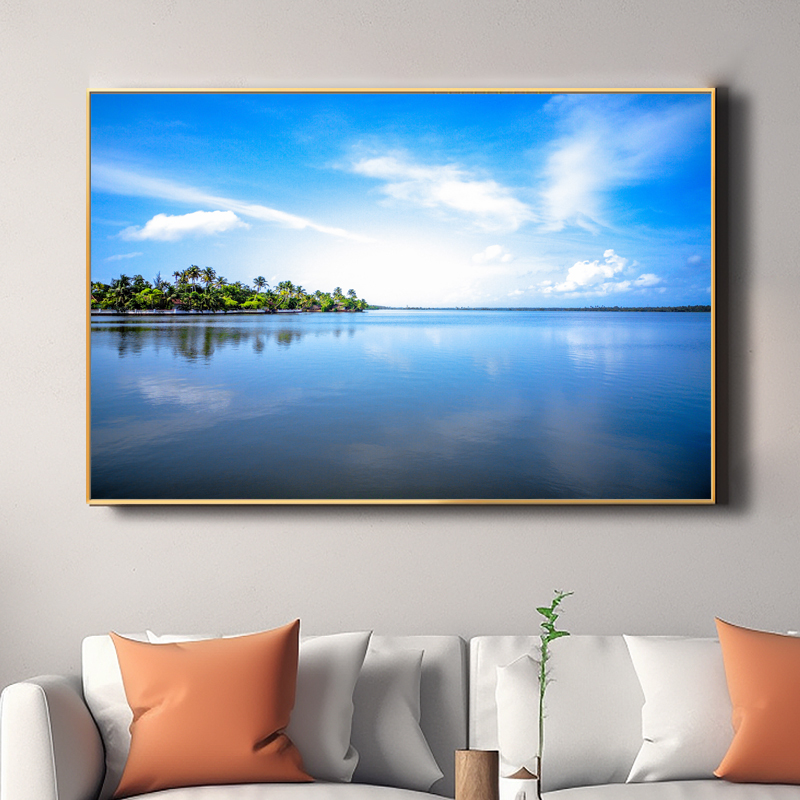 Peaceful Lake Water Attracts Wealth, Framed Decorative Painting for Living Room and Office, Blue Sky and White Clouds, Lake Surface Landscape Painting, Restaurant Hanging Painting