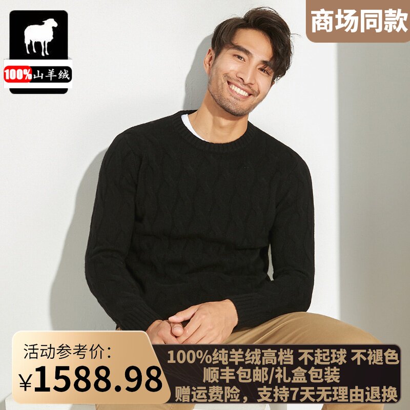 Ordos autumn and winter cashmere sweater men's 100% pure cashmere round neck sweater youth fashion cable warm sweater