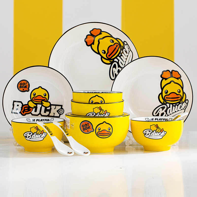 B DUCK cartoon yellow duck bowl and plate combination ceramic cheese bowl meal bowl set dish set household tableware