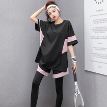  Yoga clothes womens summer thin short-sleeved large size fat mm loose hip cover running quick-drying clothes sports fitness suit women