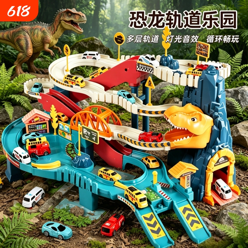 Dinosaur Winding Mountain Road Electric Rail Car Children's Parking Lot Toy Boy's Small Train Car Adventure Game