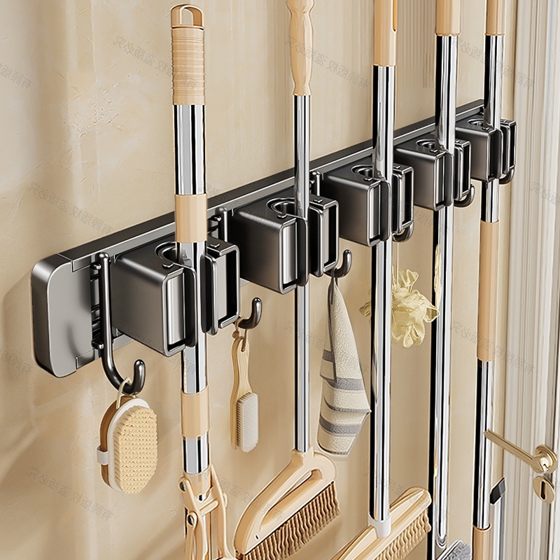 Mop Wall-Mounted Clip Holder, No-Drill Broom Holder, Bathroom Storage Rack with Hooks Mop Wall-Mounted Clip Holder, No-Drill Broom Holder, Bathroom Storage Rack with Hooks