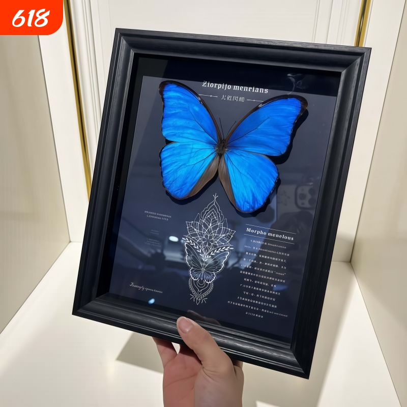 Photo Frame with Blue Morpho Butterfly Specimen, Birthday Gift, Wall Art, Large Blue Morpho Display Frame, Decorative Painting, Bedroom Hand-Painted