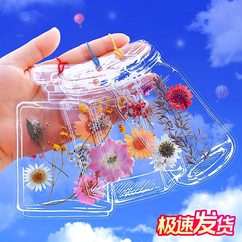 ドライフラワーのしおり、標本、プラスチックフィルムボトル、手作りDIY素材パック、透明ステッカー、ガラス瓶、リーフステッカー、画用紙、幼稚園、自家製エンボス加工の空洞の秋コレクション