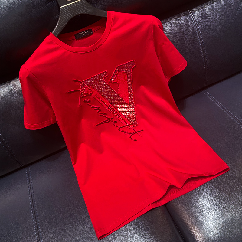 Trendy Men's Mercerized Cotton T-Shirt with Letter V Embroidery, Summer Chinese Style Red Slim-Fit Half-Sleeve Personalized Men's Clothing T-Shirt